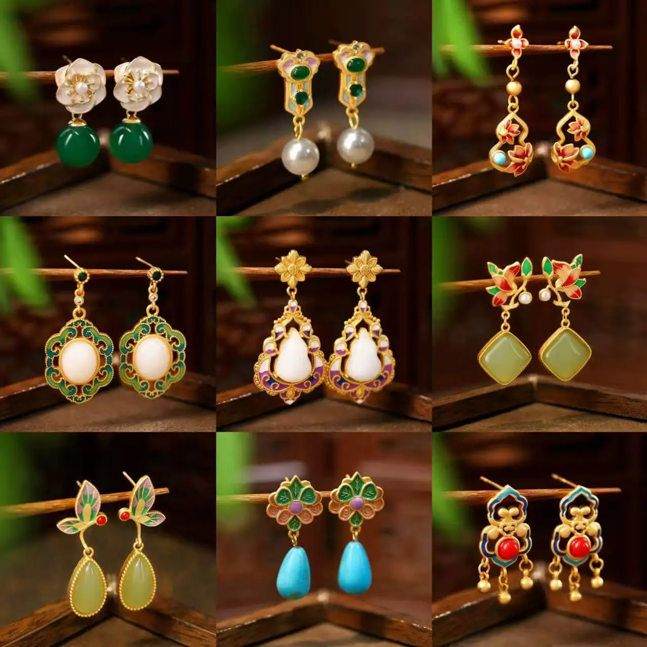

New Chinese Fashion Hand-carved Stud Earrings for Women Vintage Flower Shaped Colorful Enamel Inlay Jade Golden Luxury Jewelry