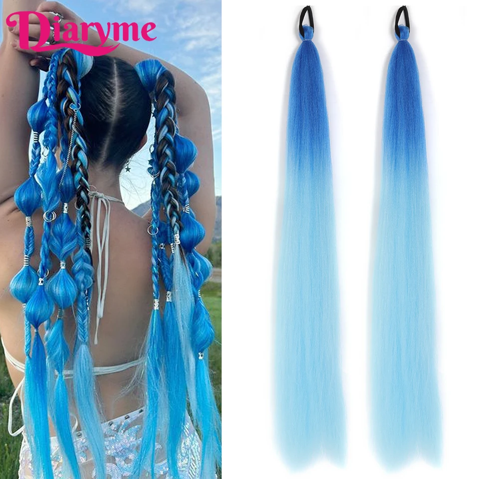 

Synthetic Blue Ponytail Extension With Hair Tie Colored Braids Hair Extensions Long straight Pony Tail Hairpiece for Christmas H