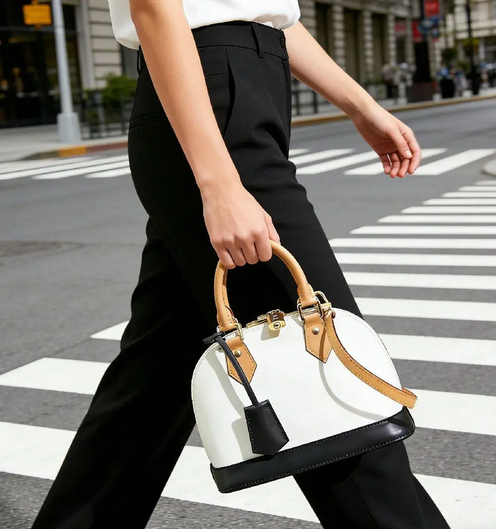 Monochrome White Black Top Handle Satchel, Sharp Structured Business Bag for Formal Meetings and Corporate Commutes