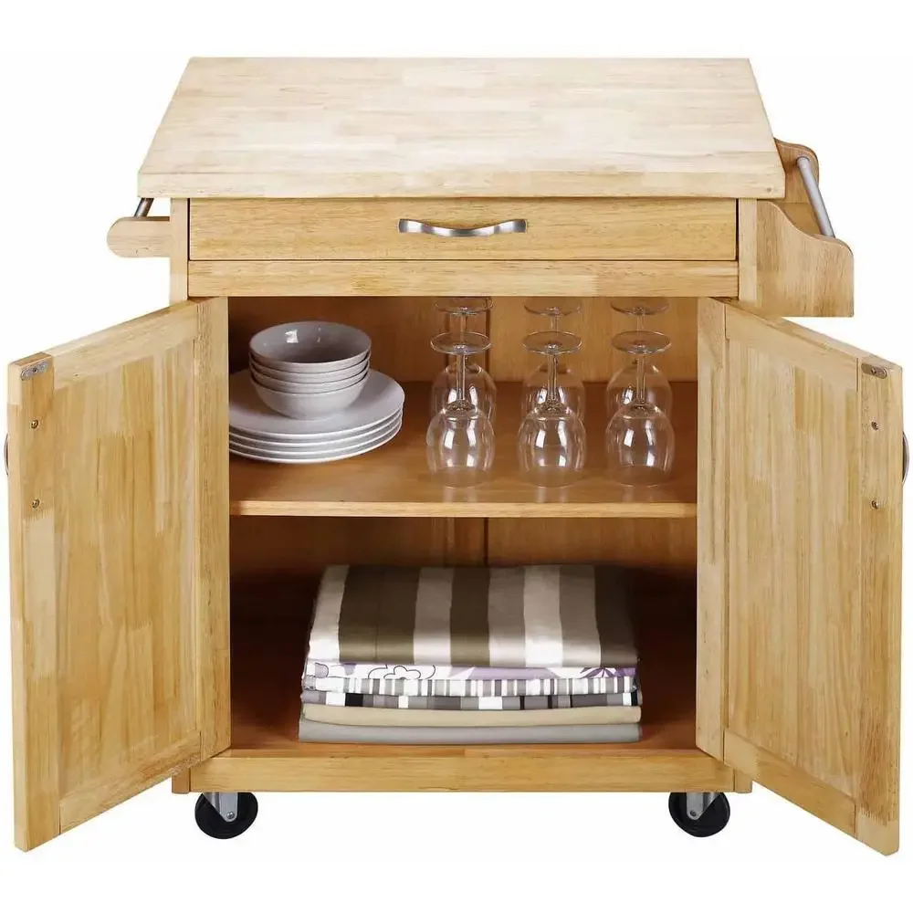 Kitchen Island Cart Storage Drawer Spice Rack Towel Bar Butcher Block Portable Natural Wood Top Multi-functional Transitional