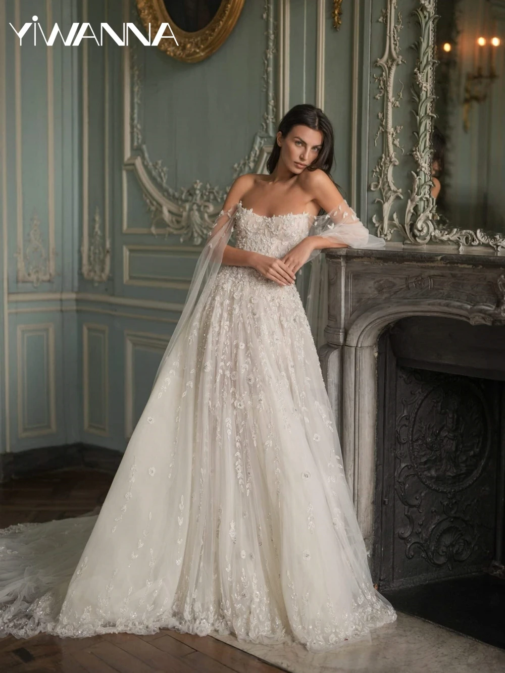 

Shiny Embroidery Beaded Lace Wedding Dress Charming A-line Tulle Long Bridal Gown New Customized Off Shoulder Dresses For Bride