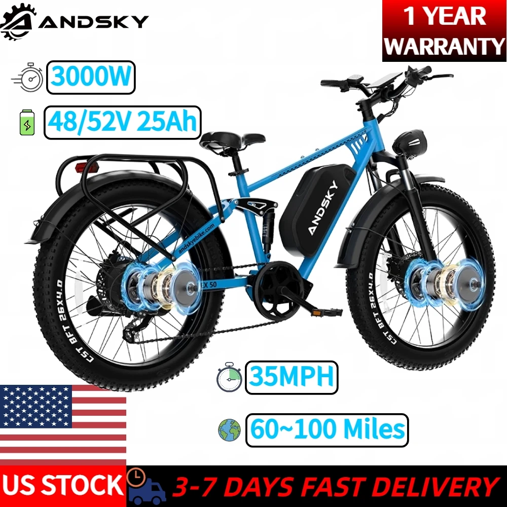 

ANDSKY Apex 50 Electric Bicycle 3000W Dual-motor Power 35MPH Top Speed 48V/52V 25Ah Electric Bike Adults 26"x4" All Terrain Fat Tire Full Suspension Hydraulic Brakes City E-bike with 7-Speed Derailleur Gears