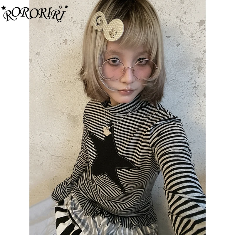 

RORORIRI Women's Grunge Striped T-shirt Retro Punk Star Patched Pullover Long Sleeves Turtleneck Top Gothic Alternative Clothing