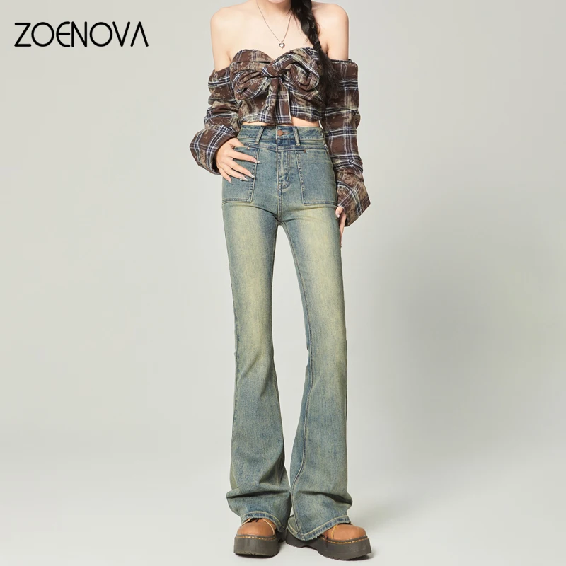 ZOENOVA 2024 Spring New Style Hot Girl Boot Cut Pants American Women's Jeans High Waist Fashion Casual Horseshoe Flare Trousers