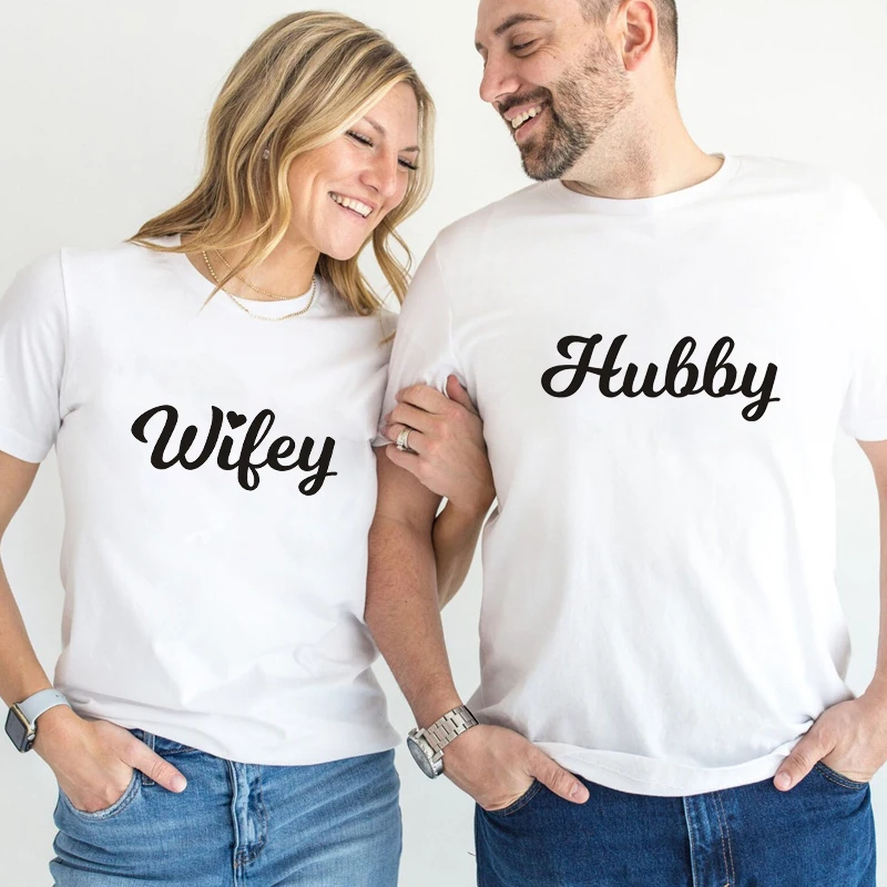 Hubby Wifey Matching Honeymoon Shirt Camiseta Funny Just Married Couple T-Shirts Cute Husband And Wife Anniversary Gift Tshirt