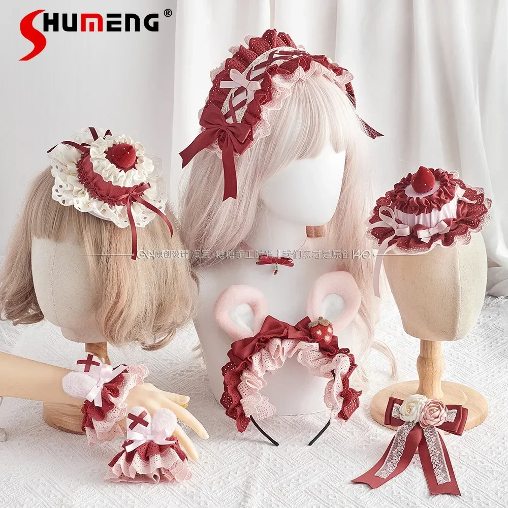 Diadema y Horquilla KC de Pastel de Fresa para Niña, Estilo Lolita, Hechas a Mano en Japón, Accesorios Kawaii para el Cabello