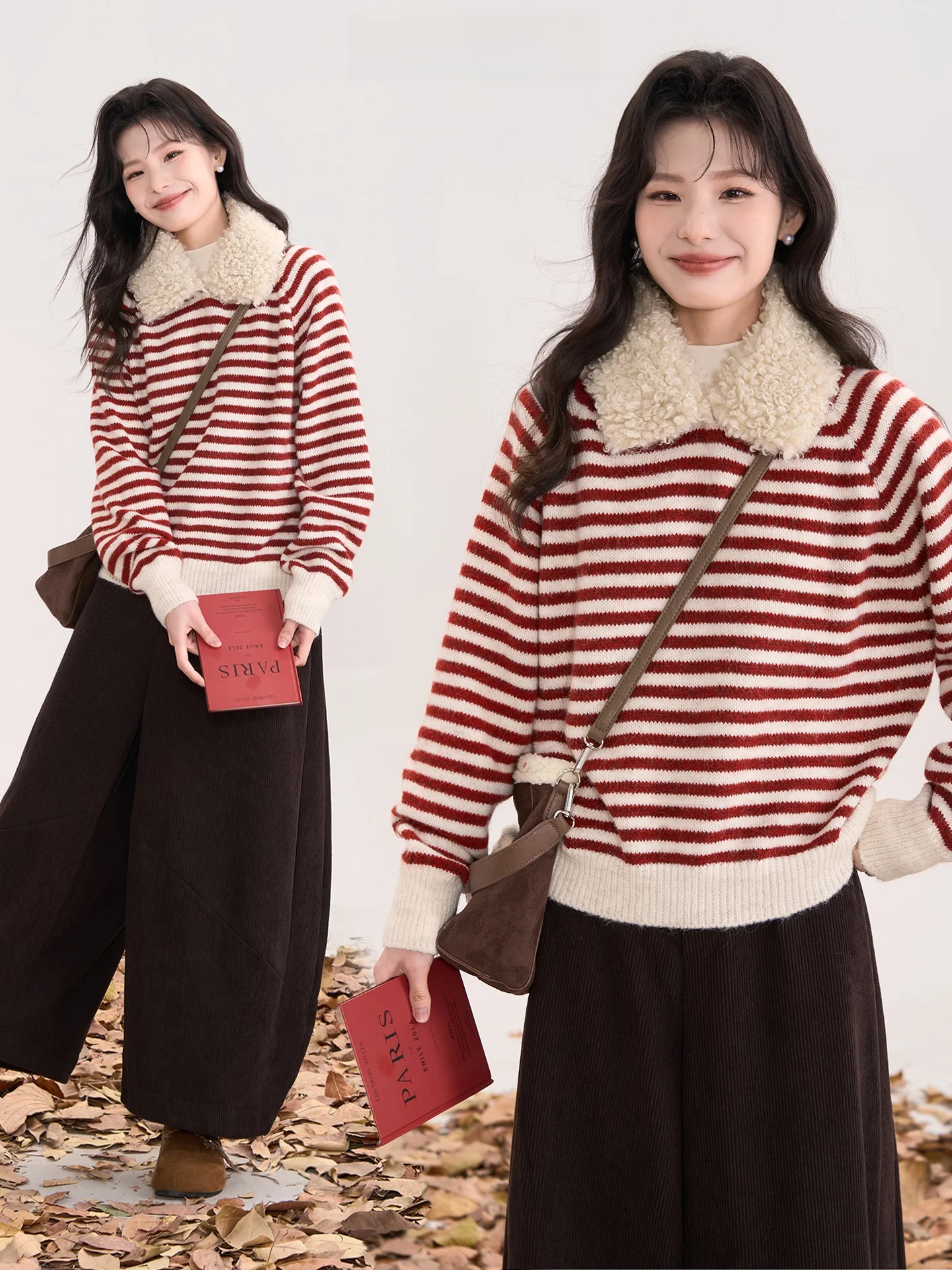 

Вязаный шерстяной свитер Heme 9 для женщин: зимний, модный, в стиле ретро, с полосатым дизайном, воротником из овечьей шерсти, универсальный, с круговым узором