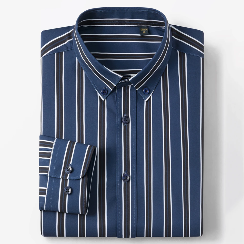 Men's Elegant Striped Iron-Free Long Sleeve Dress Shirts - Breathable, Stretchy Casual Button Up Shirt For Formal Occasions