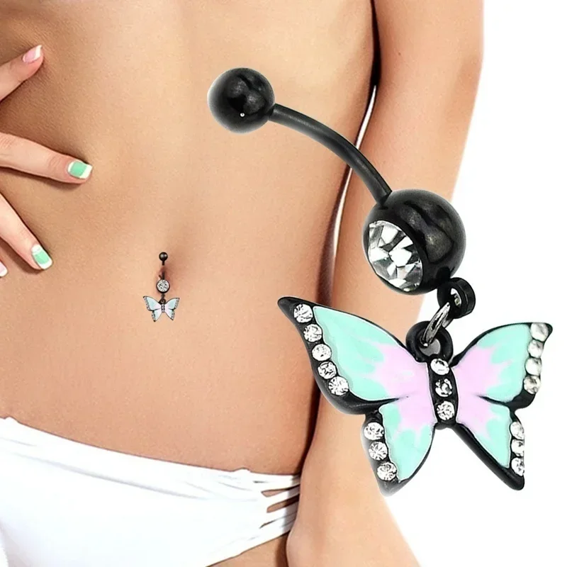 Delysia King Butterfly Black Sexy Belly Button Ring 2021 Summer Women Trendy Crystal Body Piercing Jewelry