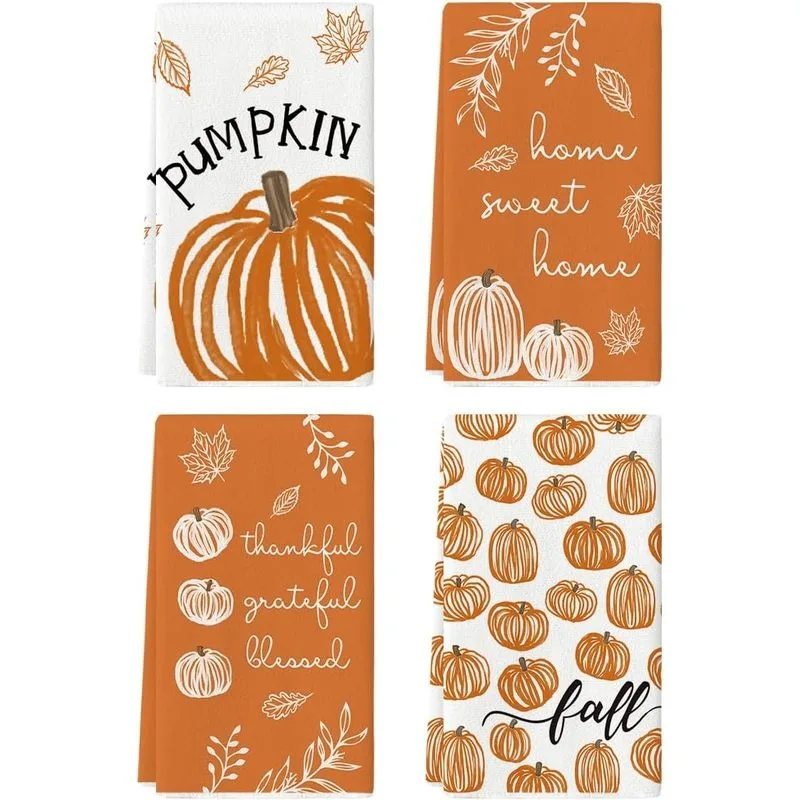 4Pcs, Warm Orange Hand-Painted Line Drawing Pumpkin Kitchen Towels, Washable Household Cleaning Cloths, Simple Autumn Leaf Decor, Thanksgiving Day Gift