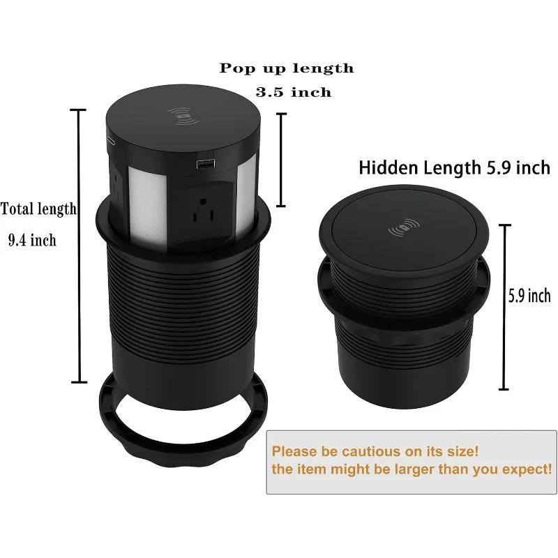 Automatic Pop Up Outlet For Countertop, Recessed Power Strip With 4 AC Outlets, 2 USB A, 2 USB C Pop Up Socket, Wireless Charger
