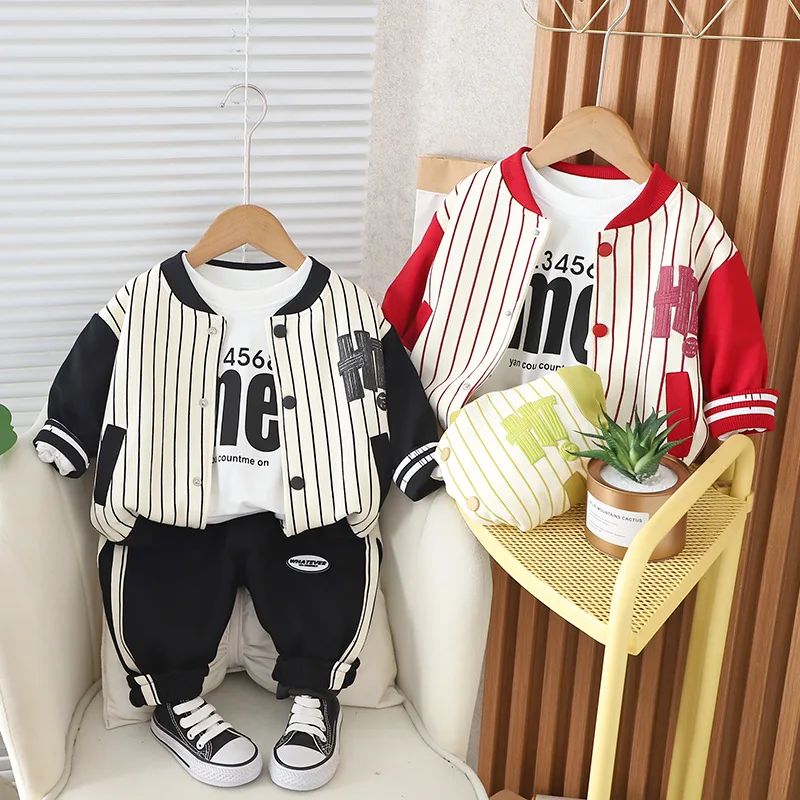 

Kids Baby Boy Boutique Clothes 2024 Spring Vertical Striped Cardigan Coats + T-shirts + Pants Toddler Boys Outfits Childrens Set