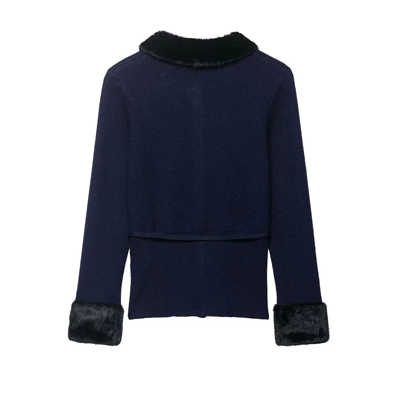 سترة نسائية 2025 الخريف نمط جديد الأزرق الداكن طويلة الأكمام فو الفراء تقليم الخصر مربوط سترة متماسكة قمة عصرية وأنيقة #2