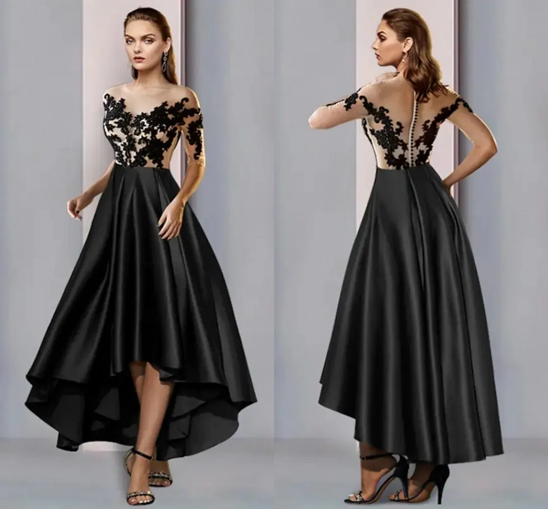 

Elegant Black Evening Dresses Asymmetrical Satin Lace Half Sleeve Women Prom Party Gown High Low Mother of the Bride Dress