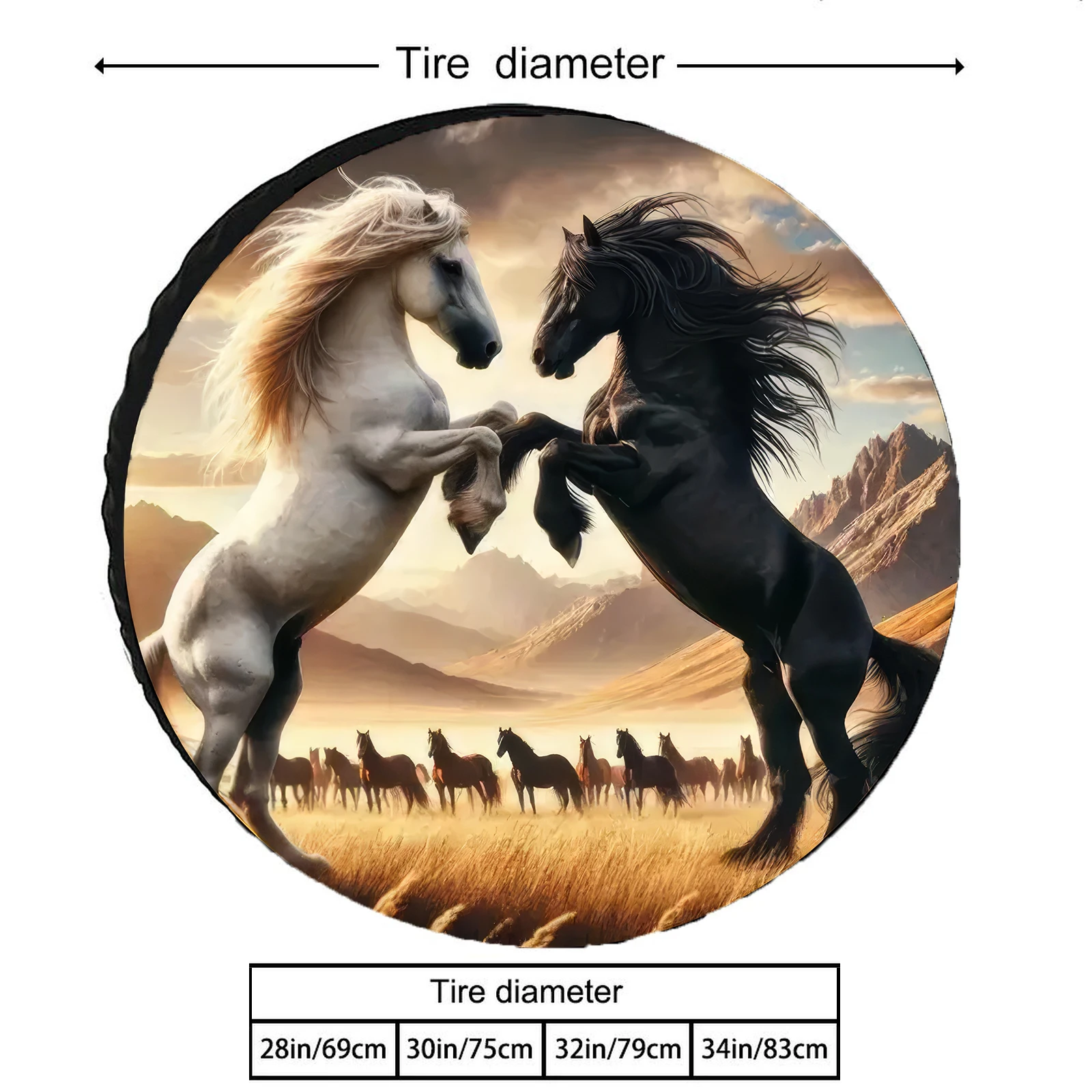 Black Horses Spare Tire Cover Waterproof Sun Protection Fit for Trailers Off-Road Vehicle Camper Trucks Wheel Cover 14 Inches