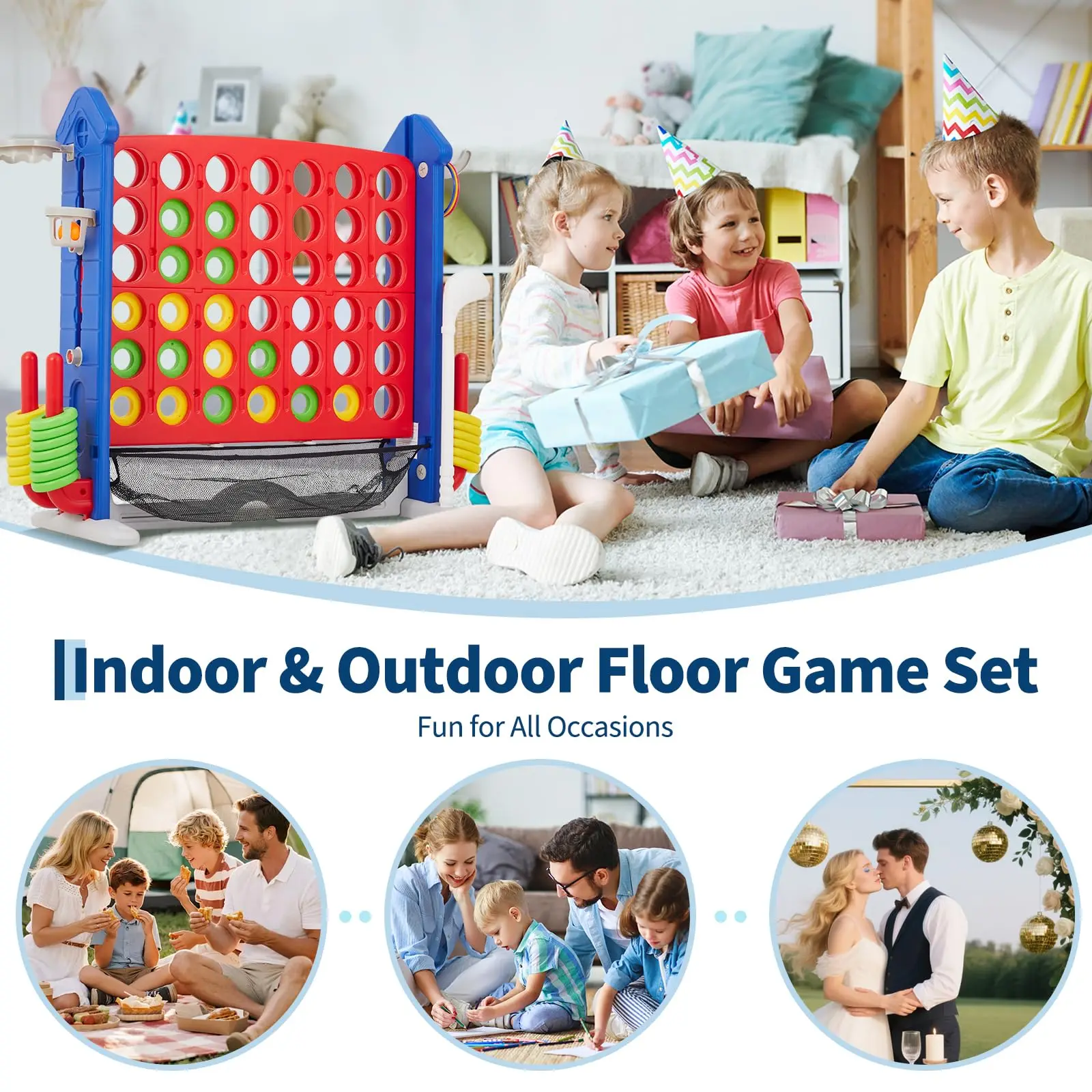 3.5ft Giant 4-in-a-Row Floor Game Set, 4-in-1 Jumbo Connect Game with 3-Level Height Adjustable Stand, Includes Golf, Basketball & Ring Toss, Portable Carry Bag for Indoor & Outdoor - view 6