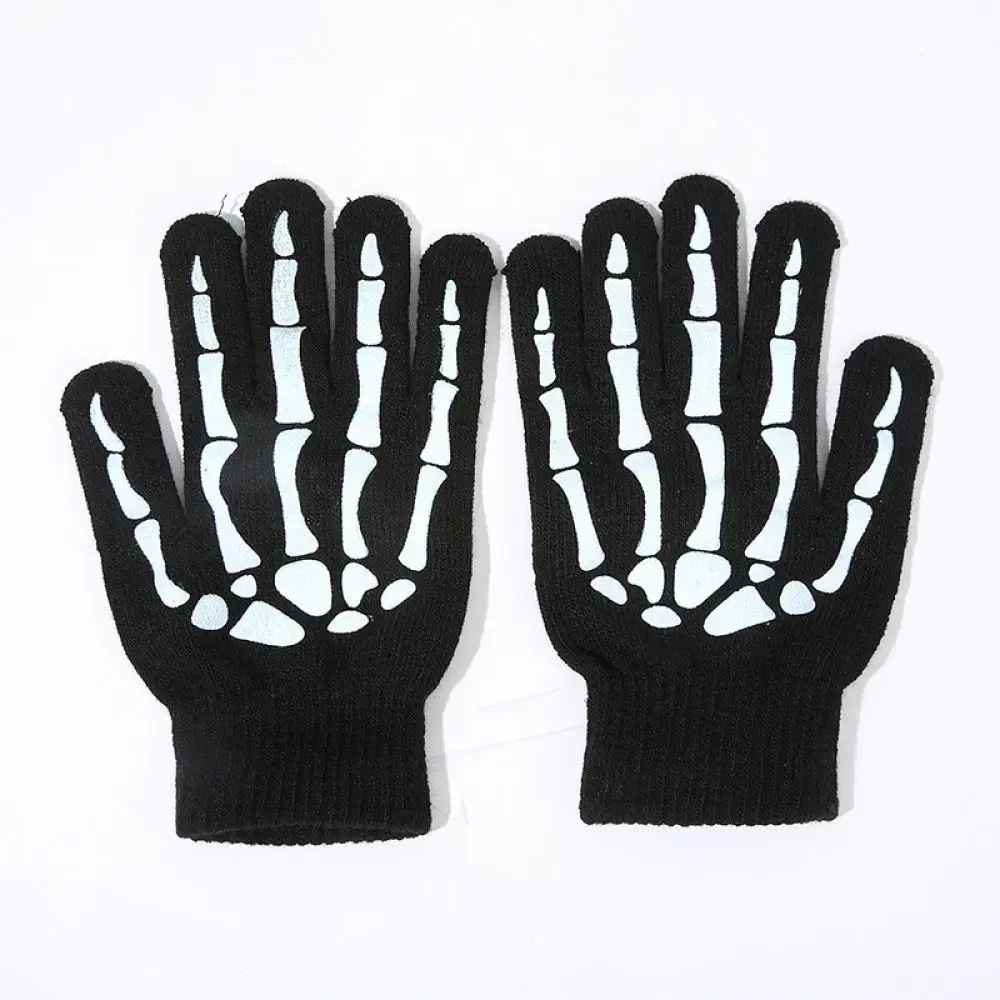 Glow In Dark Knitted Gloves Skull Print Winter Thermal Mittens For Halloween Party Cycling Outdoor Sports Accessory Gear
