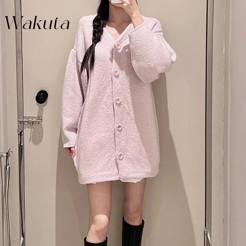 

WAKUTA Japanese Retro V-neck Single Breasted Knit Jumpers Harajuku Style Fashion Long Sleeve Back Butterfly Knot Loose Knit Coat