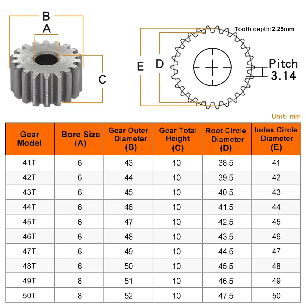 Spur Gear 1M-41T/42T/43T/44T/45T/46T/47T/48T/49T/50Teeth SC45# Carbon Steel Material Cylindrical Gear Transmission Accessories