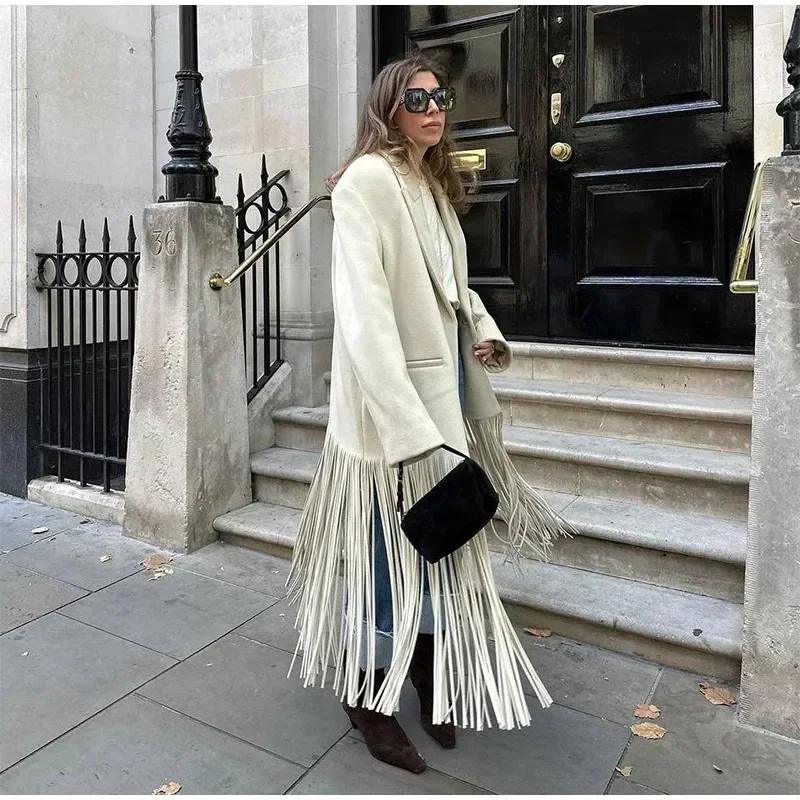 

Fashion Women Tassel Woolen Blends Coat 2023 Autumn Solid Lapel Full Sleeve Pocket Coats Chic Warm Female Streetwear Overcoats
