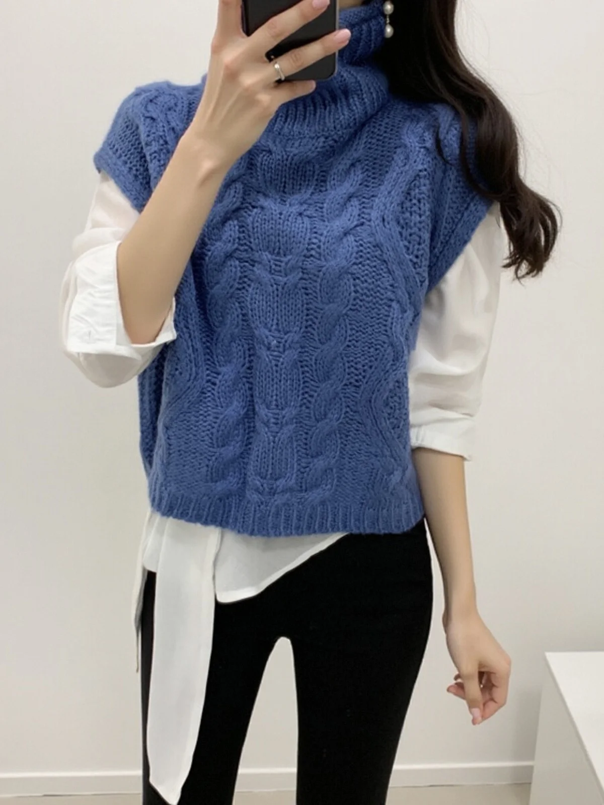 Colete de Tricô F de Gola Alta, Novo Design de Inverno, Sensação de Moda, Camada Solta e Versátil, Sem Mangas