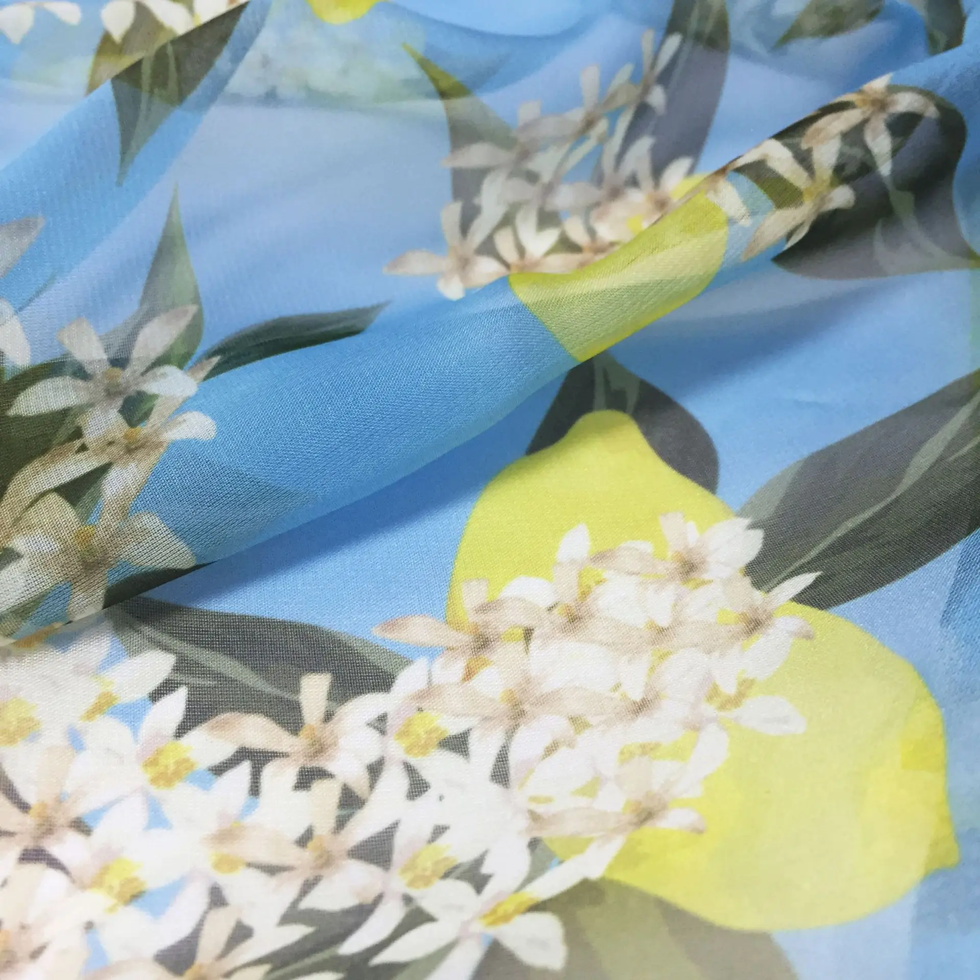 Spring and summer European and American brands hand-painted lemon flower-shaped thin material digital printing handmade fabric