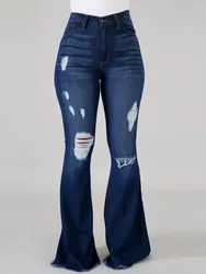 Lw Plus Size Hoge Rekbare Ripped Flared Jeans Rits Floor Lengte Casual Effen Kleur Dagelijkse Mode Straat Broek