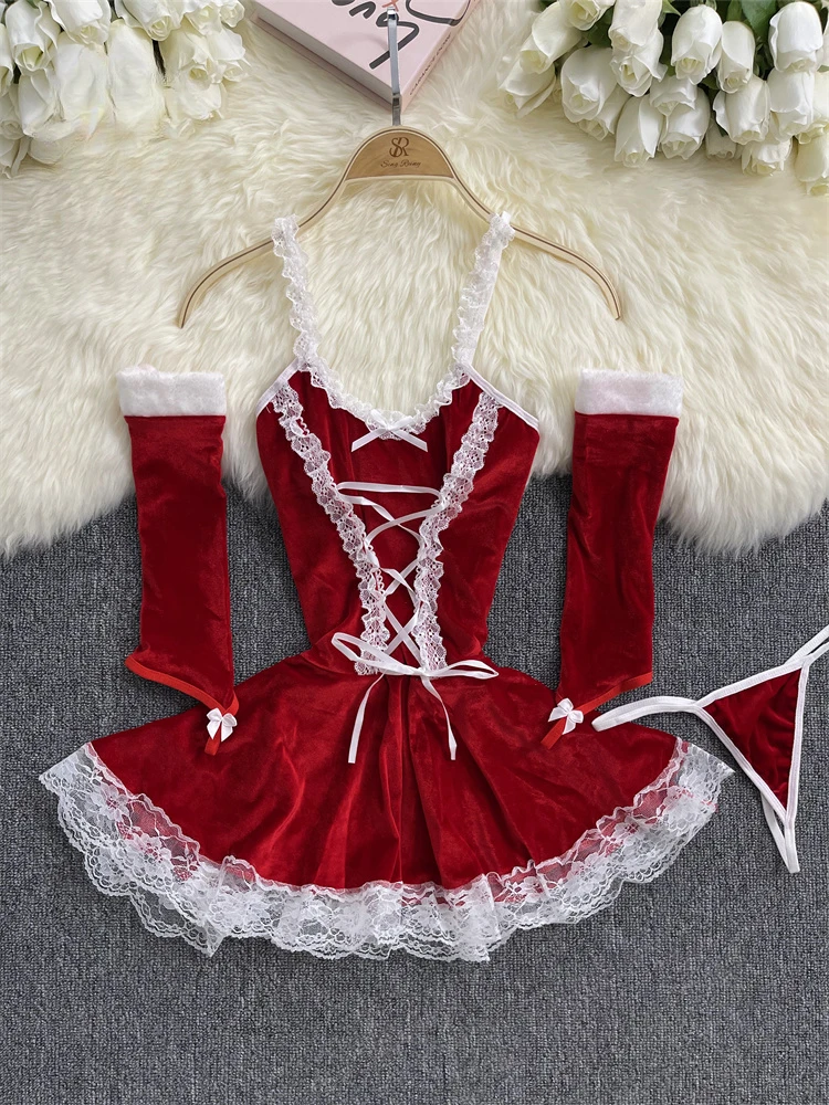 

Sexy Christmas Dress 2024 Strap Corss Bandage A-Line Sensual Nightwear Ladies Short Lace Velvet Nightdress Suits