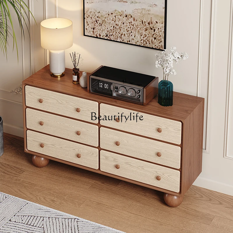*French retro style six-bucket cabinet solid wood storage wabi-sabi wind side cabinet