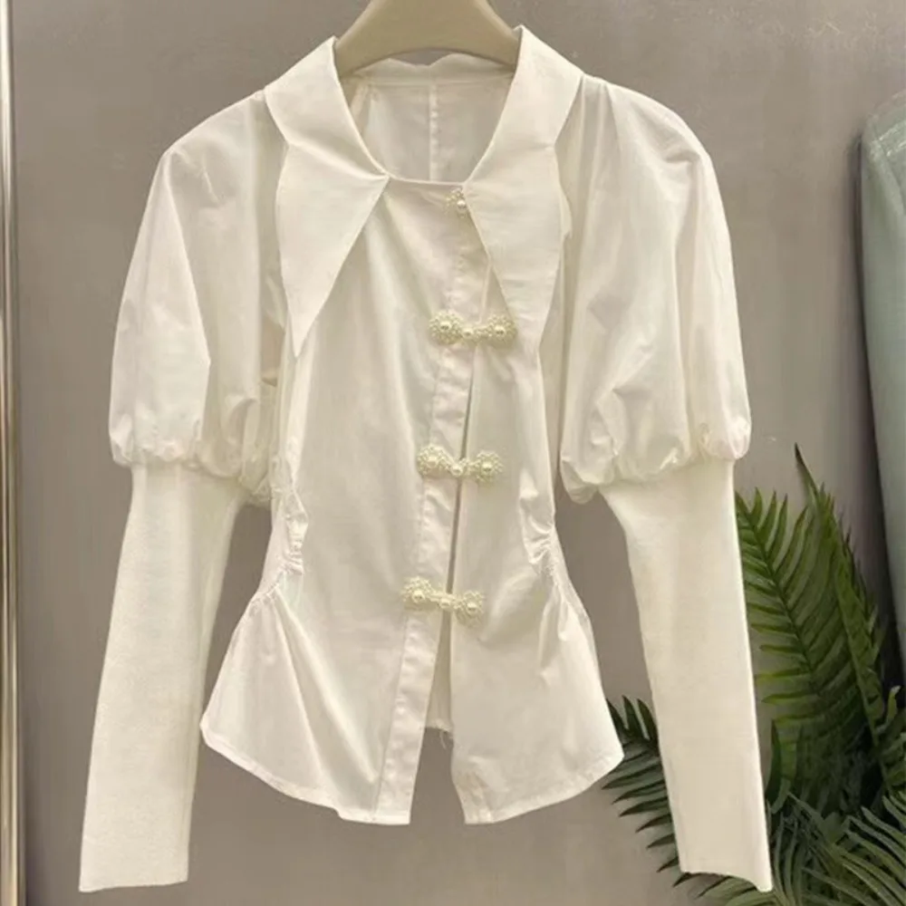 Kuzuwata Moda Casual Turn-down Collar Vintage Shirt French Style Cotton Chic Minority Blouses Japan Chinese Slim Exquisite Blusa