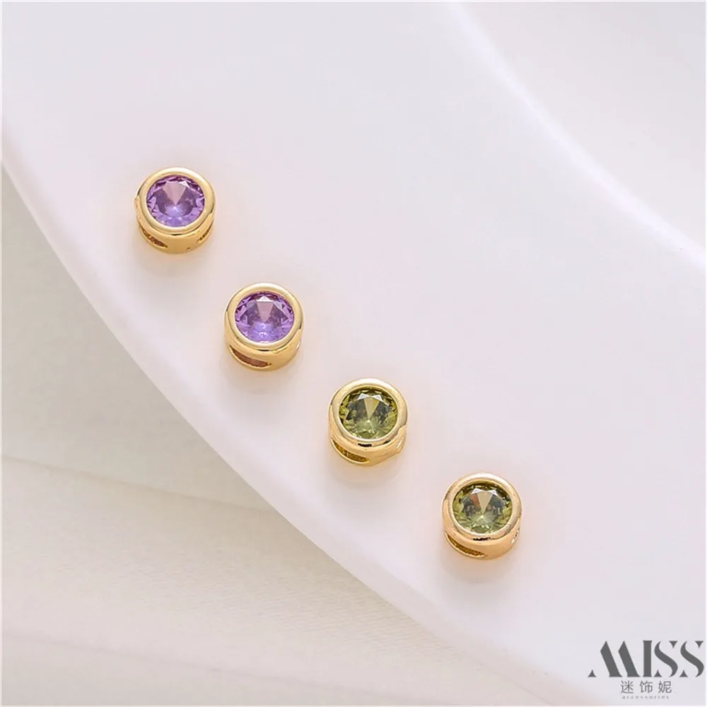 

14K Gold-wrapped Color Round Purple-green Zircon Through-hole Bead Diy Loose Bead Handmade Bracelet Necklace Jewelry Accessories