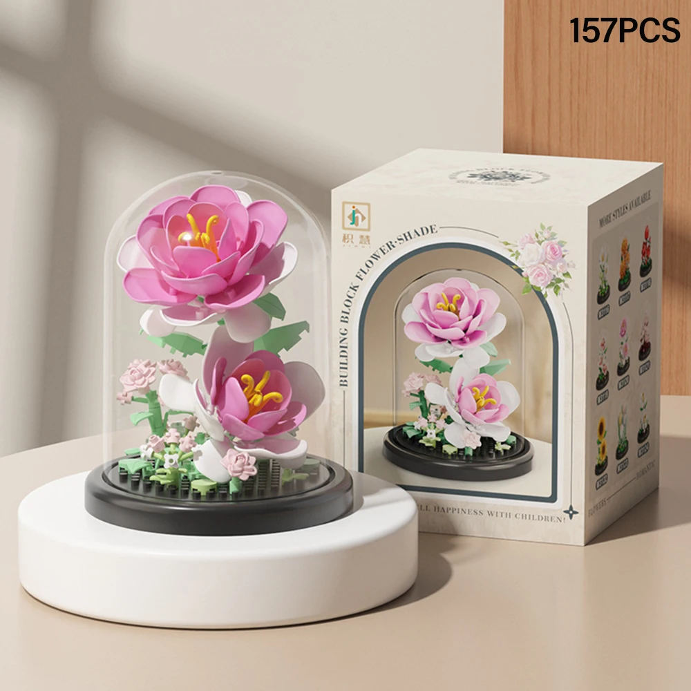 DIY MOC Ewige Blumen Staubschutzhaube Tulpe Rose Sonnenblume Sukkulente Garten Mikro-Baustein-Set Heimdekoration Geschenk für Sie – Detail 8