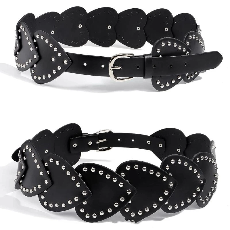 Wide Waist Strap Love Rivet Needle Buckle Belt Heart-shaped Studded Waist Belt PU Leather Splicing Women Dress Jeans Waistband