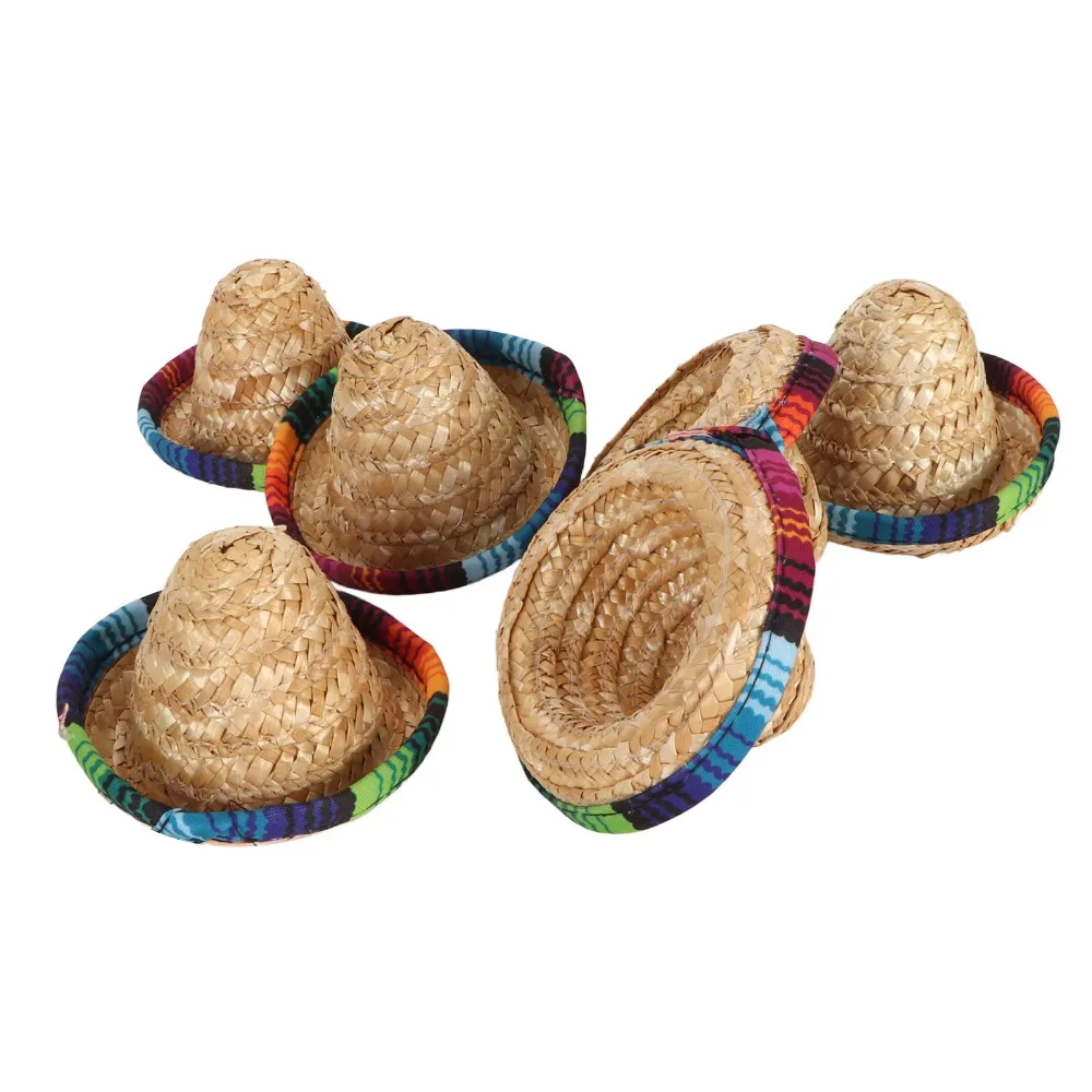 6pcs Straw Mini Sombrero Straw Hats Wide Rim One Size Fits All Mini Mexican Hats Lightweight Fiesta Party Supplies