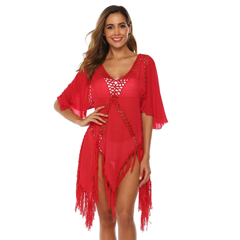 Sexy Beach Cover Up Dress Trumpet Sleeve Long Bathing Dresses Red White Tassel Beachwear Bikini Cover Up Solid Hollow Out Dress