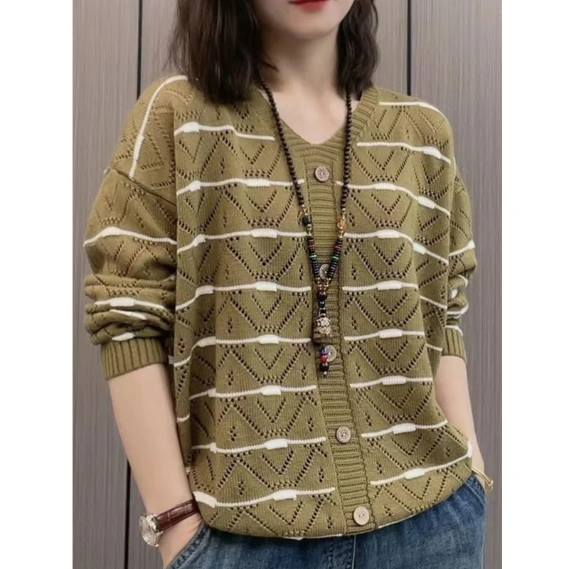 Women Hollow Striped Simple Casual Knitwears New Spring Autumn Fashion V Neck Long Sleeve with Buttons Pullover Knitted Sweaters