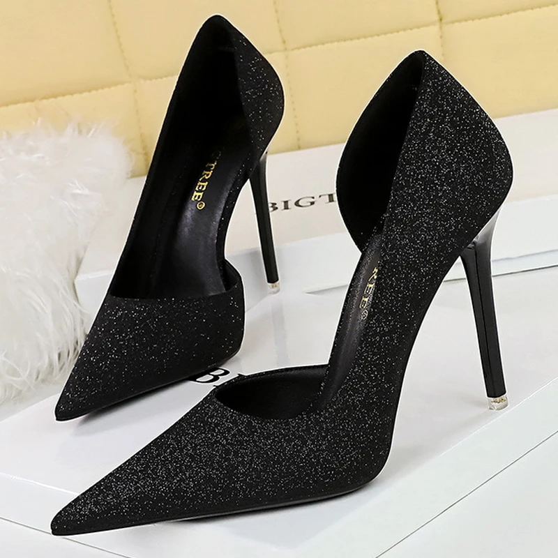 BIGTREE Shoes Retro Women Pumps Sequin Cloth Shine High Heels Pointed Stilettos Heels Sexy Party Shoes Ultra-high Heel 11cm Pump