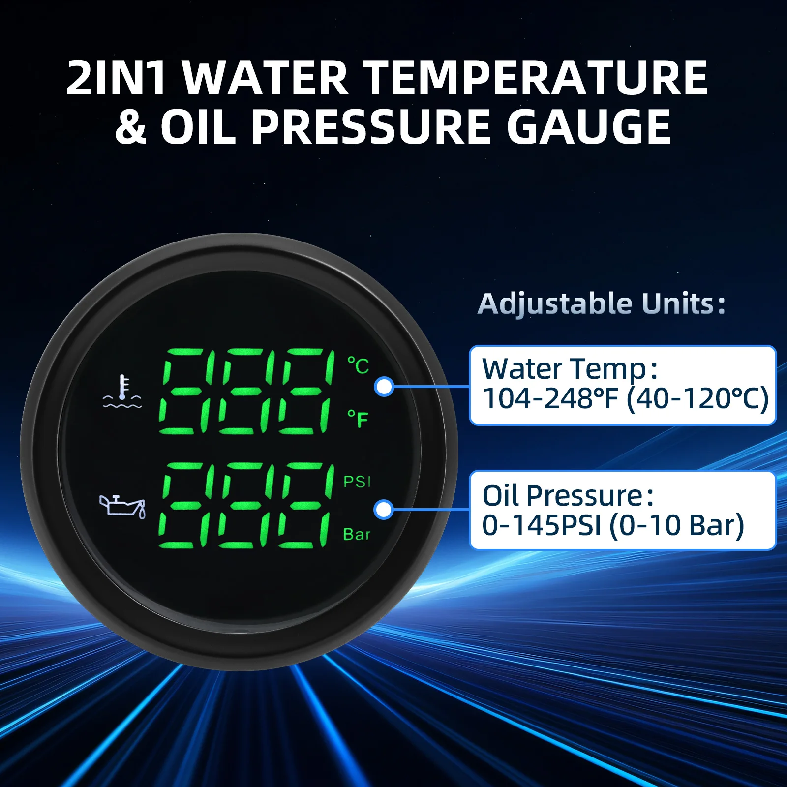 2 بوصة 52 ملم 2 في 1 رقمي 40-120 ℃   درجة حرارة الماء + مقياس ضغط الزيت 0-10 بار مع إنذار مع مستشعر 1/8 NPT لقارب السيارة 12 فولت 24 فولت مارين