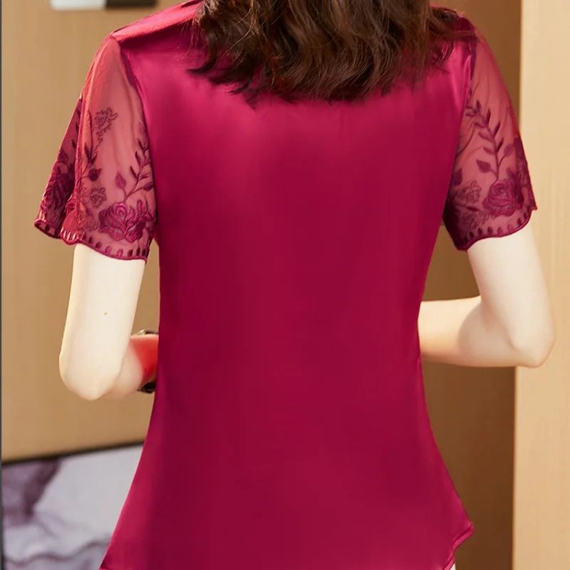 2024 Summer New Fashion Short Sleeve Satin Lace Shirt and Blouse Stitching Embroidery Tops Elegant Youth Women\'s Clothing 19128