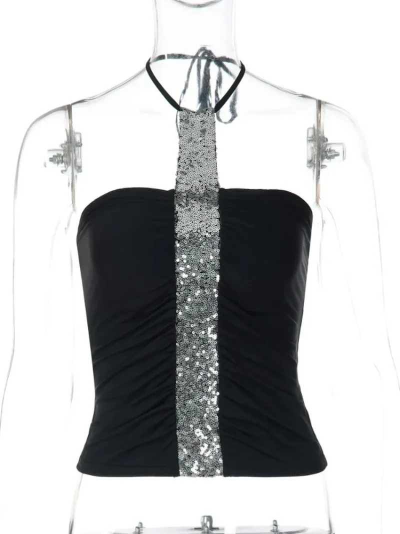 Women Sexy Halter Neck Lace-up Backless Camisoles Y2K Streetwear 2026 Summer Sequins Patchwork Folds Crop Tops Girls Slim Corset - view 5