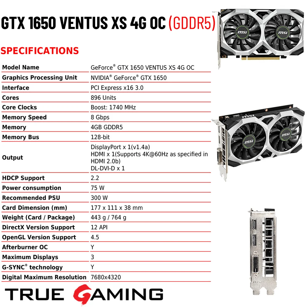 Placa de vídeo gráfica GDDR6, GTX 1650, 1650, 12000MHz, 7680 × 4320, RTX 1650, 4GB, PCI Express 3.0, 16X, HDCP, 6pin, Novo