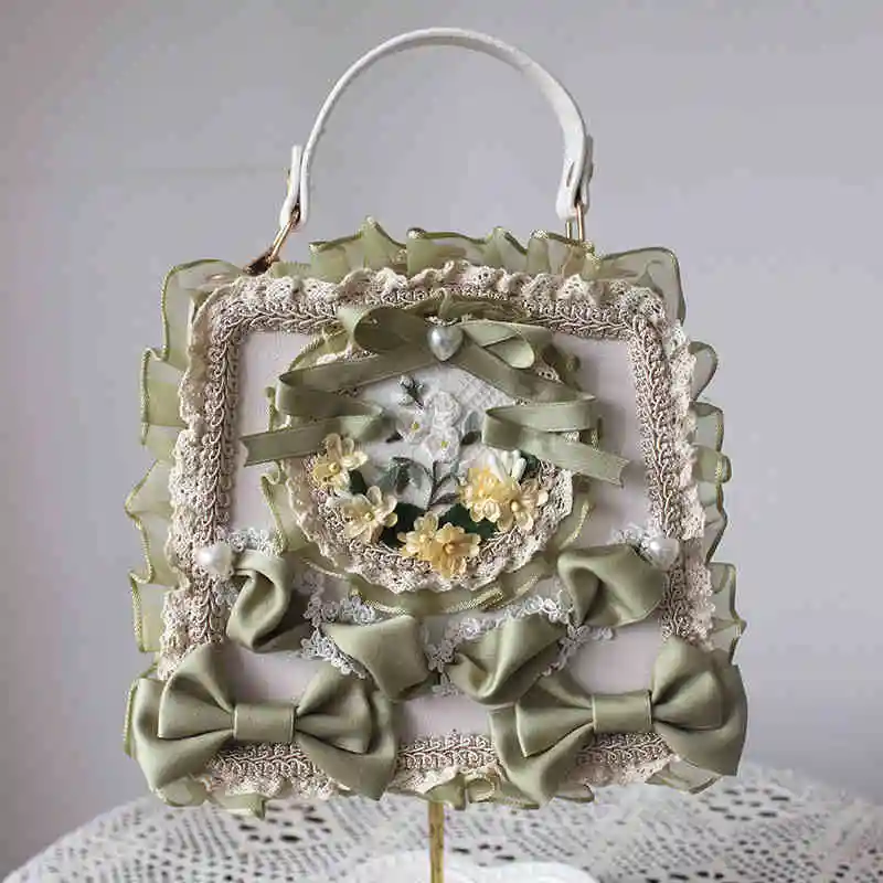 

Retro Victorian Lolita Bags Women Elegant Bow Flower Lace Embroidery Handbag Cosplay Palace Princess Tea Party Messenger Bag