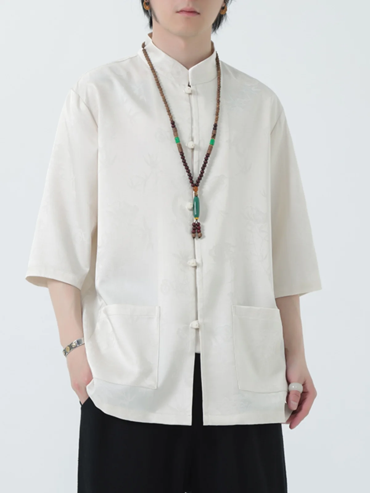 

Ice Silk Short Sleeve Shirt Men's Summer Fashion Retro Print Tang Costume Improved Hanfu Brand Retro Button up Top