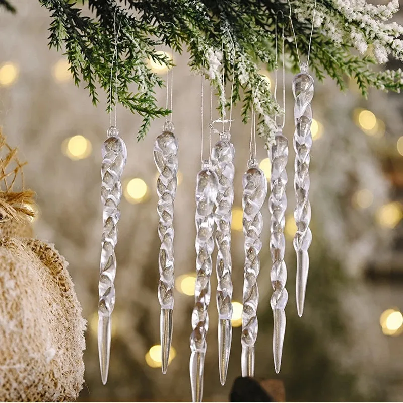 12pcs Christmas Simulation Ice xmas tree Hanging pendants Transparent Crystal fake icicles Ornament Winter Party New Year Decor