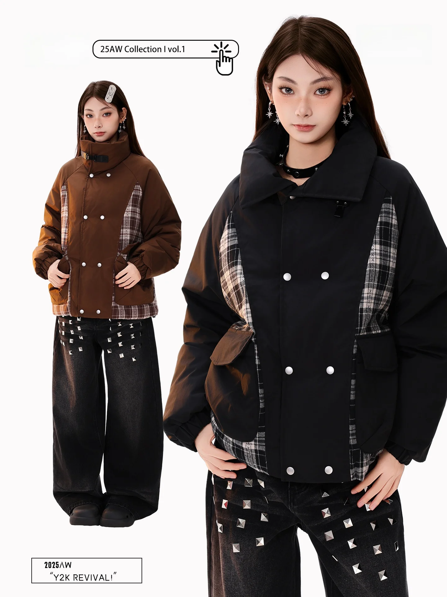 

PBB American Retro Plaid Splicing Stand Collar Women's Cotton Jaet Thi Warm Winter Coat Polyester Fiber Filling Long Sve