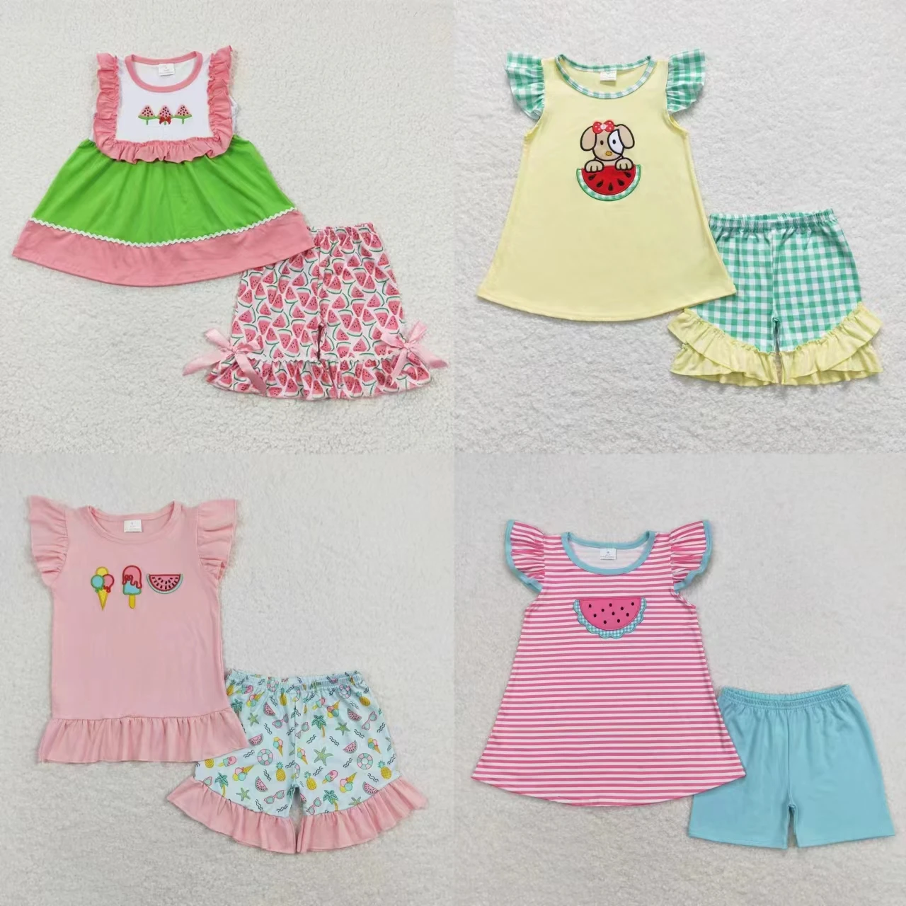 

Wholesale Kids Children Summer Short Sleeves Embroidery Popstick Watermelon Shirts Outfit Toddler Ruffle Shorts Baby Girl Set