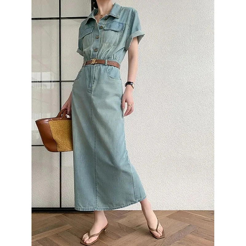 

Классическое винтажное джинсовое платье, женское платье с карманами и короткими рукавами на пуговицах, весеннее тонкое уличное повседневное элегантное платье с боковым разрезом, Vestidos