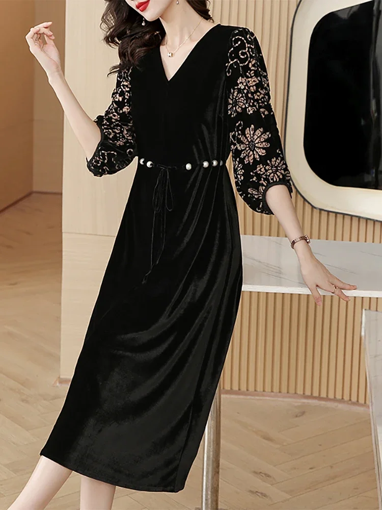 Korean Black Velvet Chic Hook Flower Hollow Luxury Evening Dress for Women 2024 Autumn Winter Long Sleeve Elegant Party Vestidos