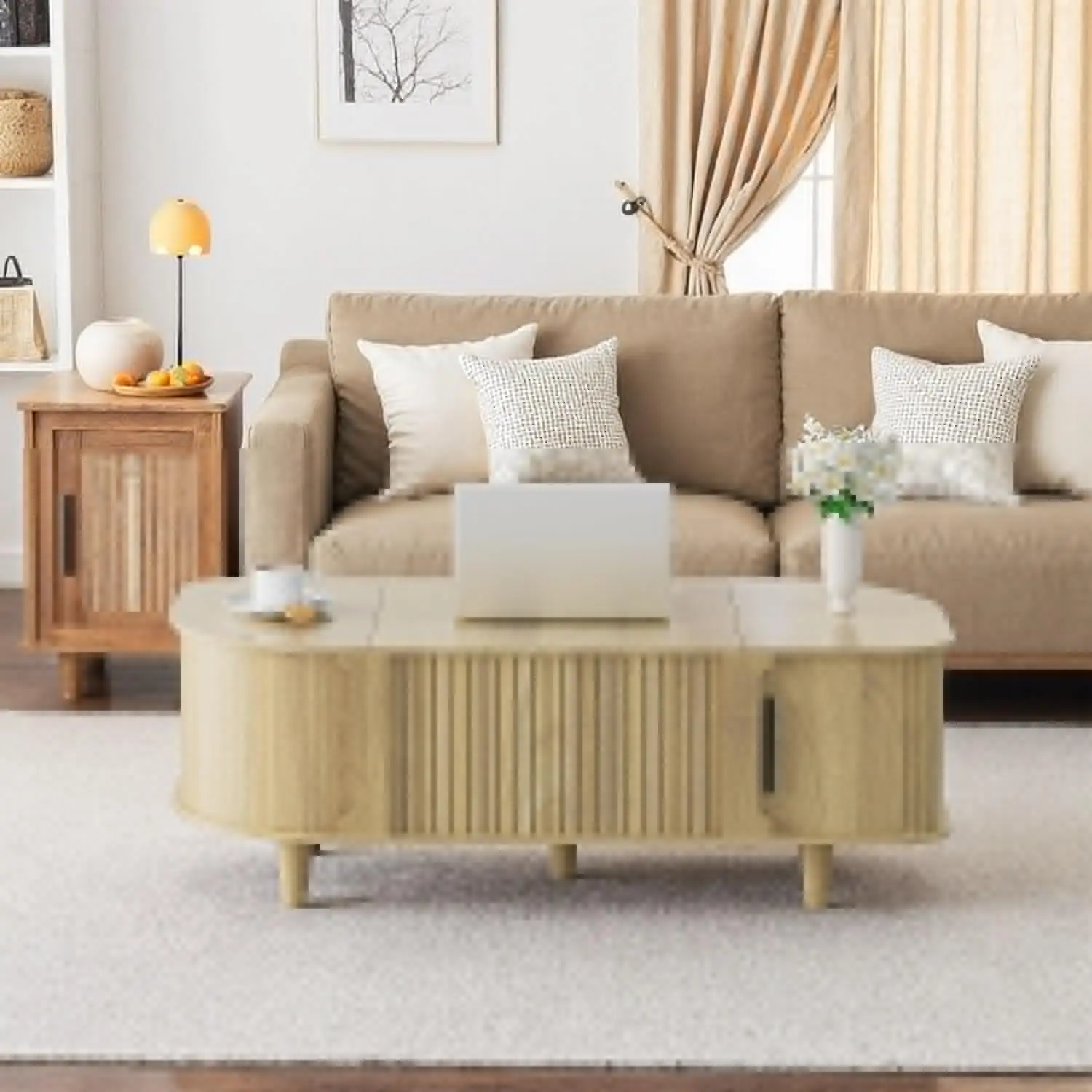 طاولة قهوة بيضاوية قابلة للرفع، طاولة مركزية حديثة لمنتصف القرن مع 3 حجرات مخفية، طاولات قهوة مع رف تخزين مفتوح و