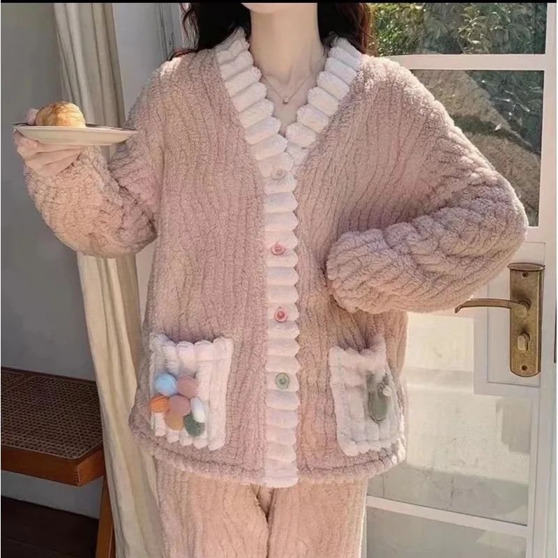 New Winter Cute Girls Pajama Sets Flannel Fleece Thicken Warm Women Homewear Coral Velvet Button Fly Sleepwear Cute 2Pcs Pajamas